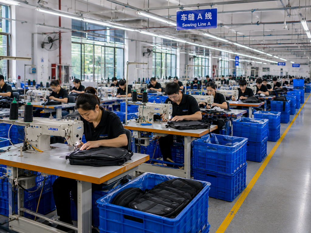 Outdoor bag sewing production line with operators industrial sewing machines and semi-finished products