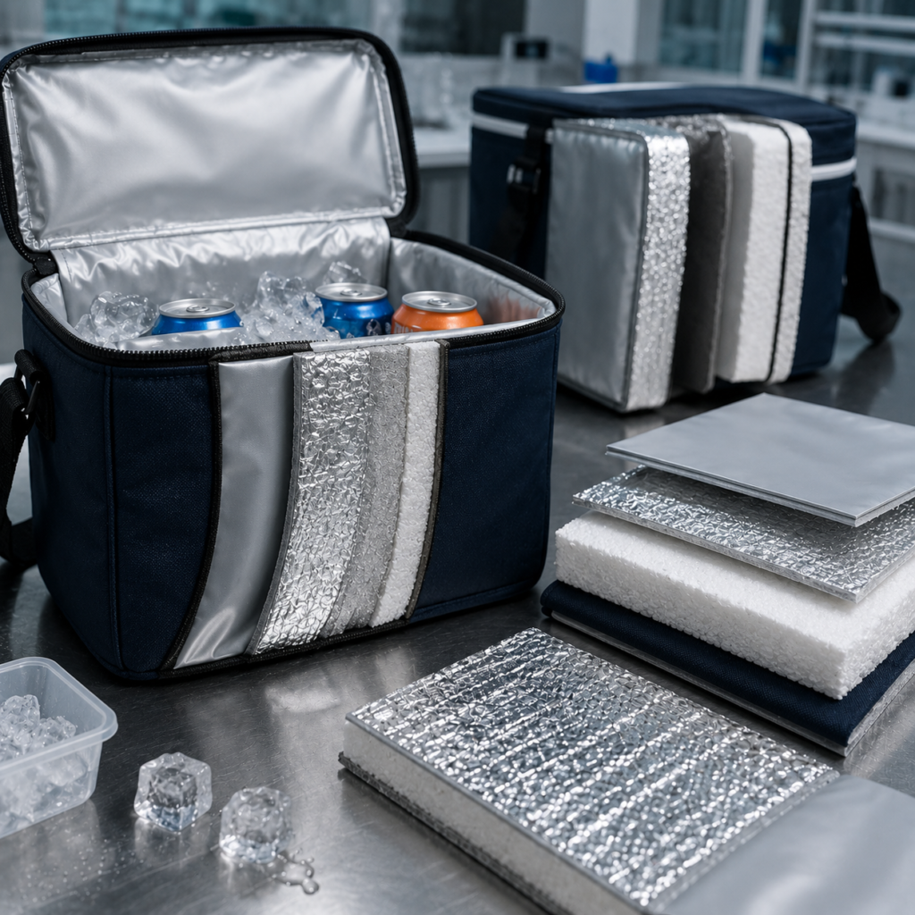 PEVA lining aluminum foil insulation and EPE foam structure used in cooler bags insulated lunch bags and picnic bags.
