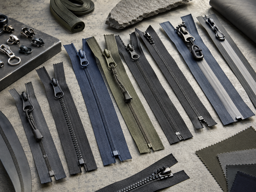 Various outdoor bag zipper types including nylon zippers waterproof zippers reverse coil zippers and heavy-duty zipper pullers for OEM and ODM bag manufacturing.