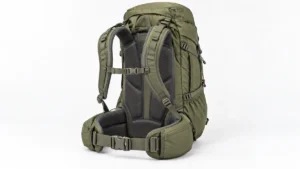 AI-generated hiking backpack concept showing shoulder straps, padded back panel and hip belt from the rear