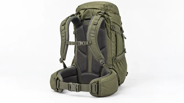 AI-generated hiking backpack concept showing shoulder straps, padded back panel and hip belt from the rear