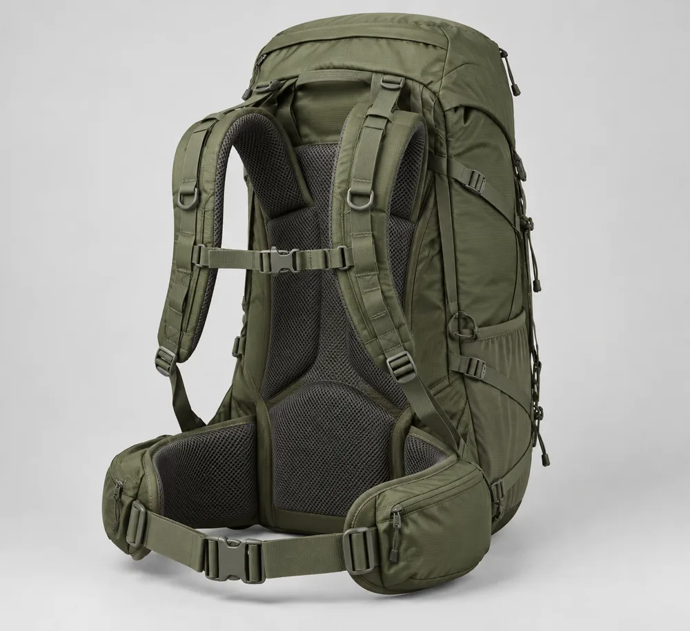 Olive-green concept backpack seen from the rear with shoulder straps, mesh back panel and hip belt
