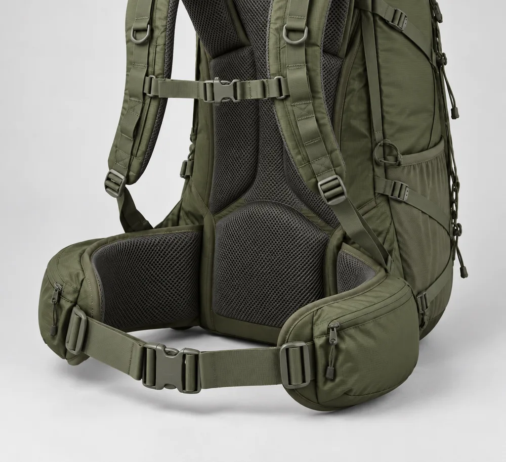 Concept detail of olive-green backpack hip belt wings, buckle and lower back-panel connection