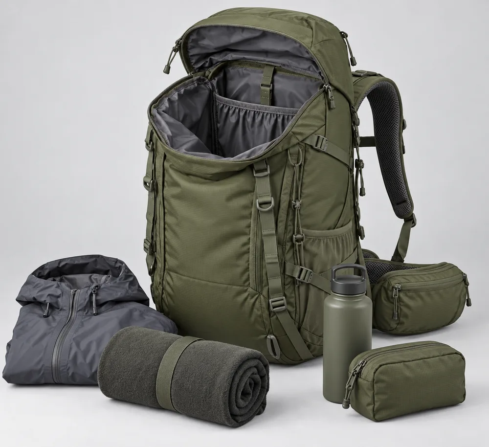 Concept olive-green backpack with open compartment beside a rain layer, bottle, rolled fabric and pouch