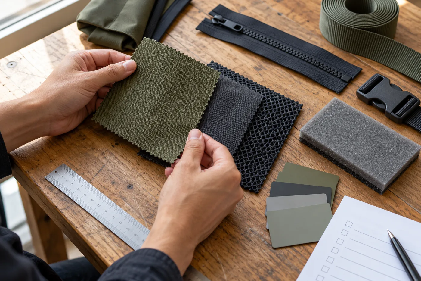 Backpack fabric, lining, mesh, foam, webbing, zipper and buckle reviewed before OEM sampling