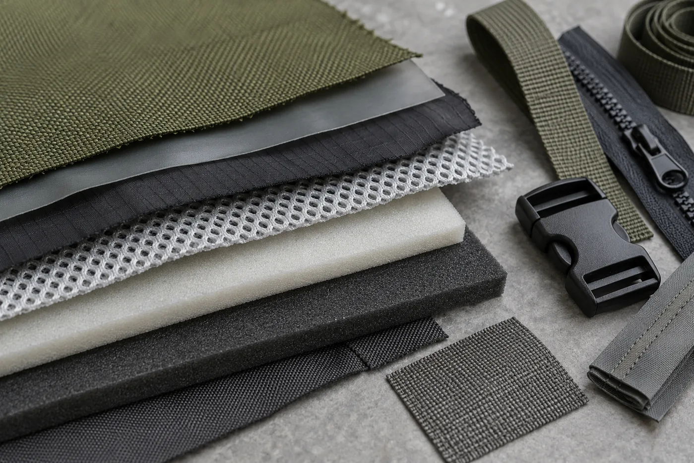 Backpack material layers including shell fabric, lining, spacer mesh, foam, webbing, zipper and buckle