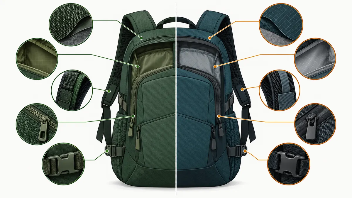 Illustrative split backpack diagram comparing two possible shell, lining, strap, zipper and buckle constructions