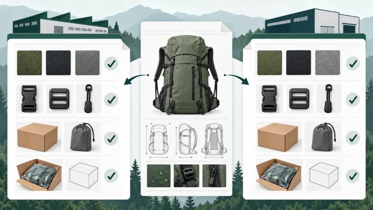 Illustrative comparison of two custom outdoor bag manufacturer quotations against one shared specification