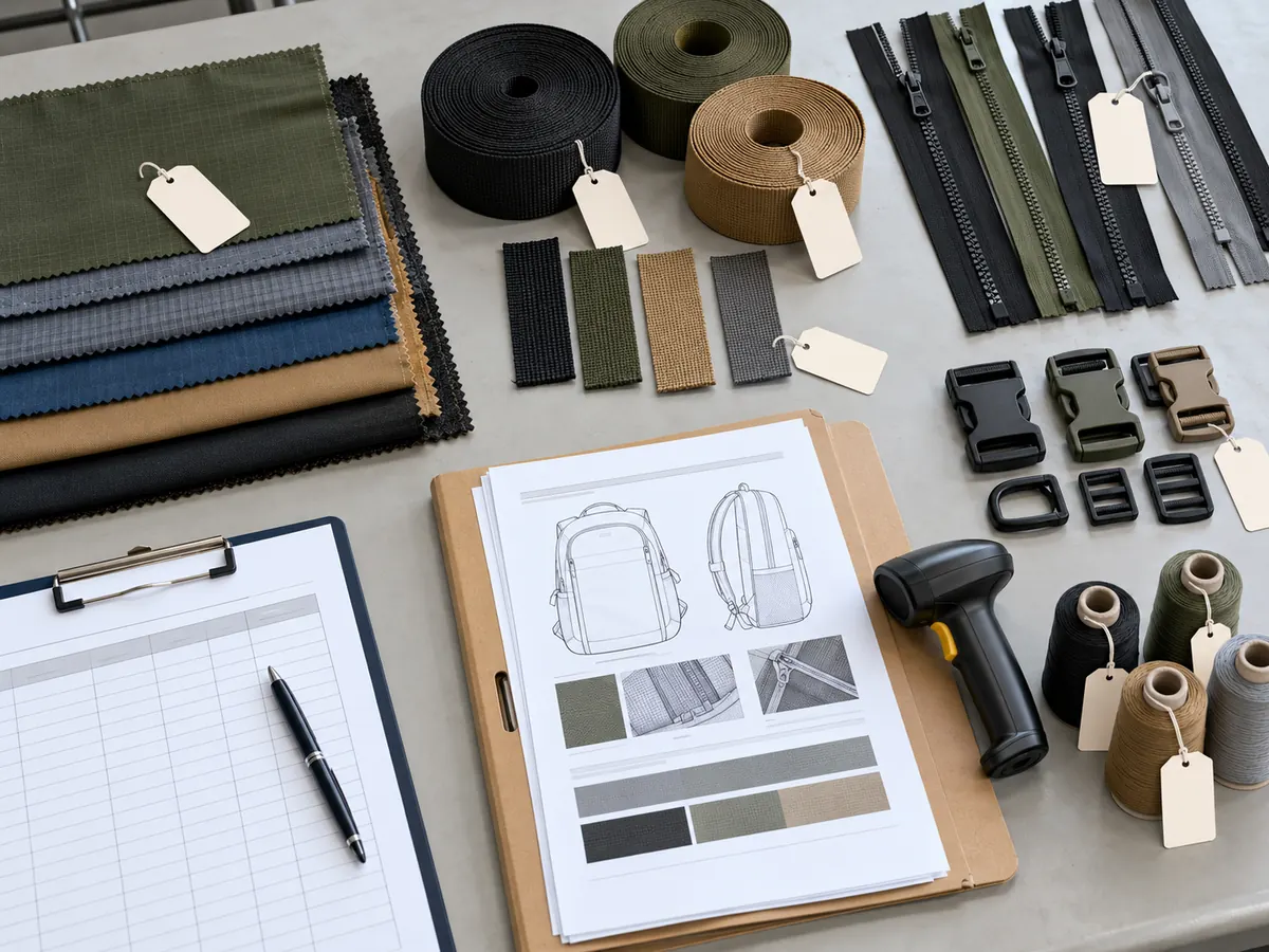 Illustrative material traceability review with fabric, zipper and webbing samples linked to batch records