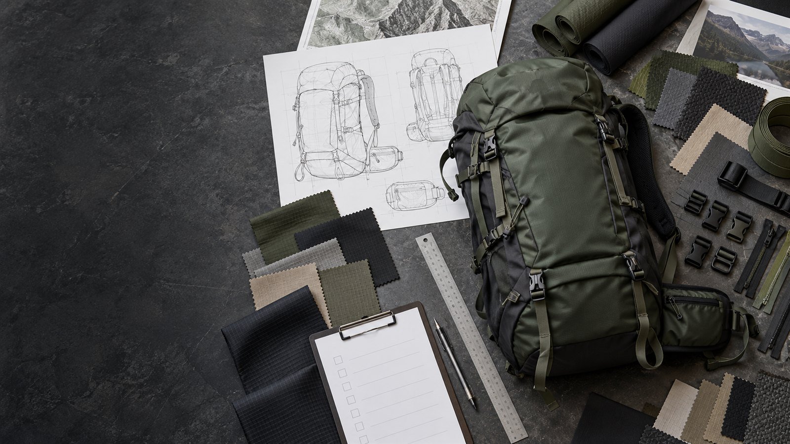 Outdoor backpack, technical drawing, fabric swatches and hardware representing custom bag sourcing decisions