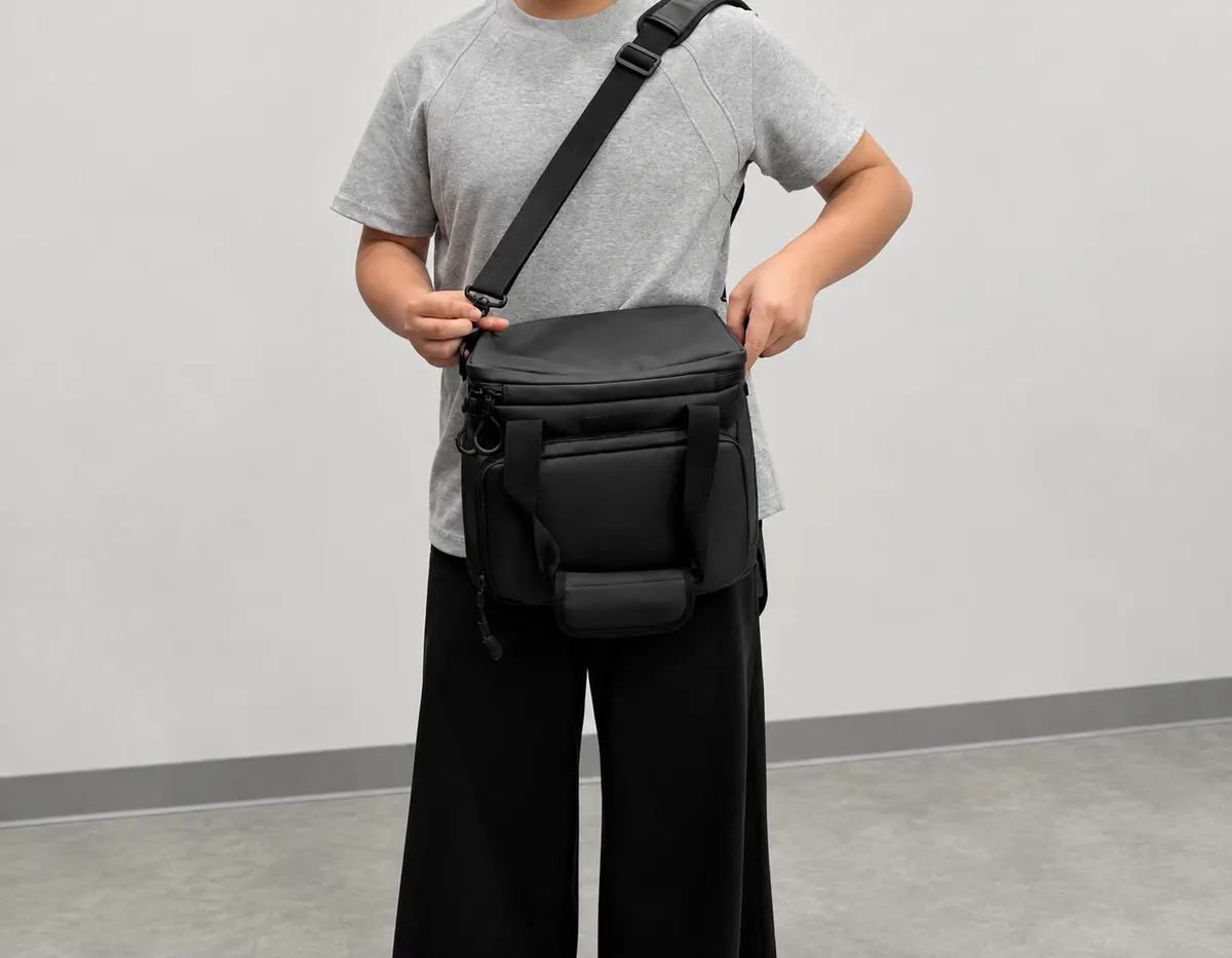 Person wearing the loaded black soft cooler by its shoulder strap during a brief manual carry check