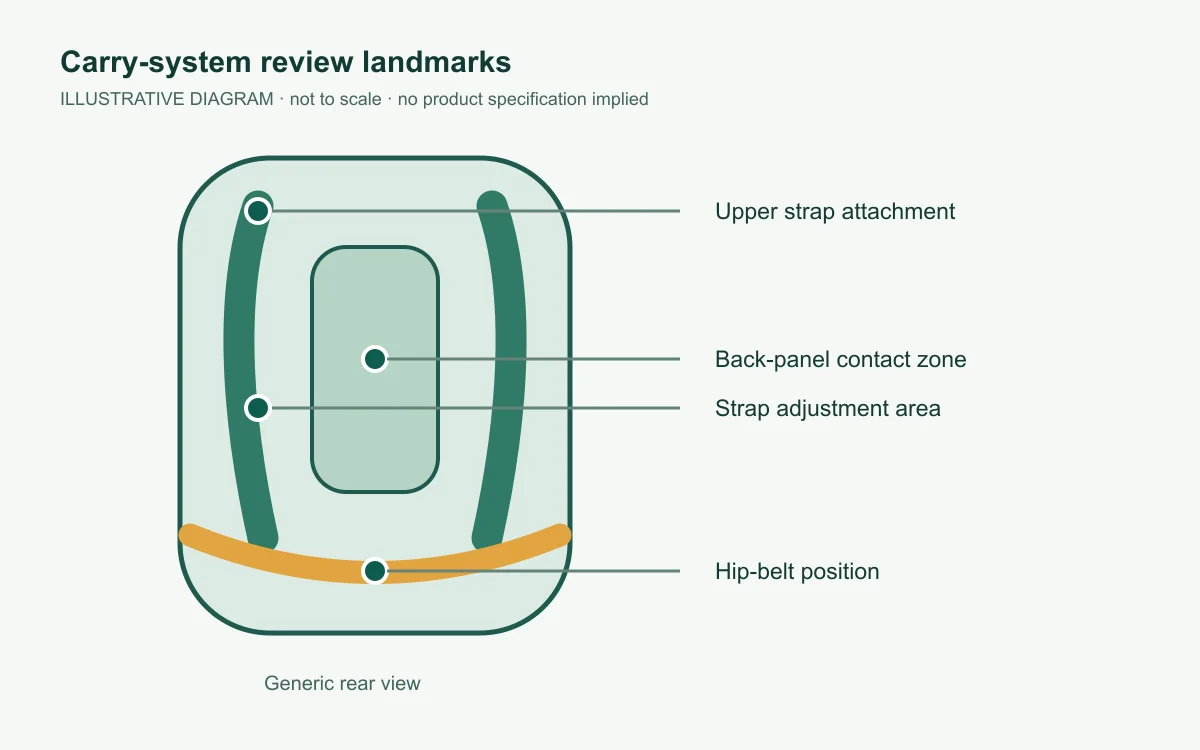 Illustrative diagram marking shoulder straps, back panel, hip belt and adjustment points on a generic backpack outline