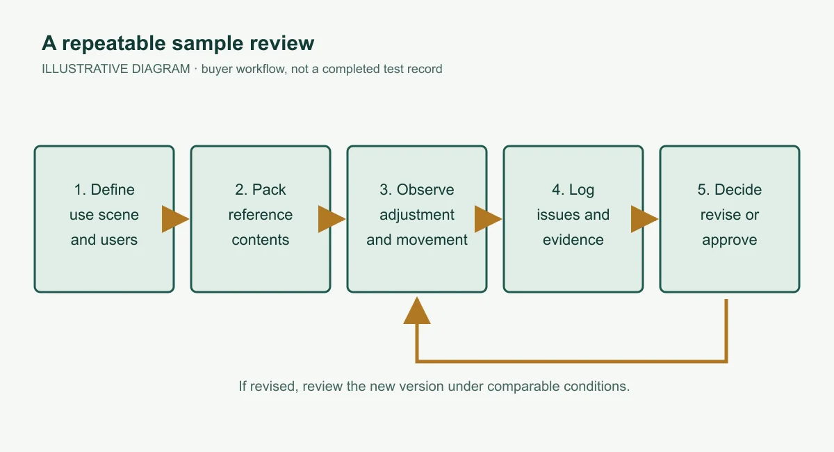 Illustrative five-step buyer workflow from use-scene definition to versioned sample decision