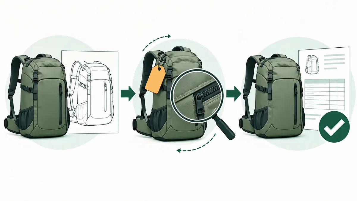 Illustrative sequence from a backpack prototype through revision review to an approved sample and updated quotation