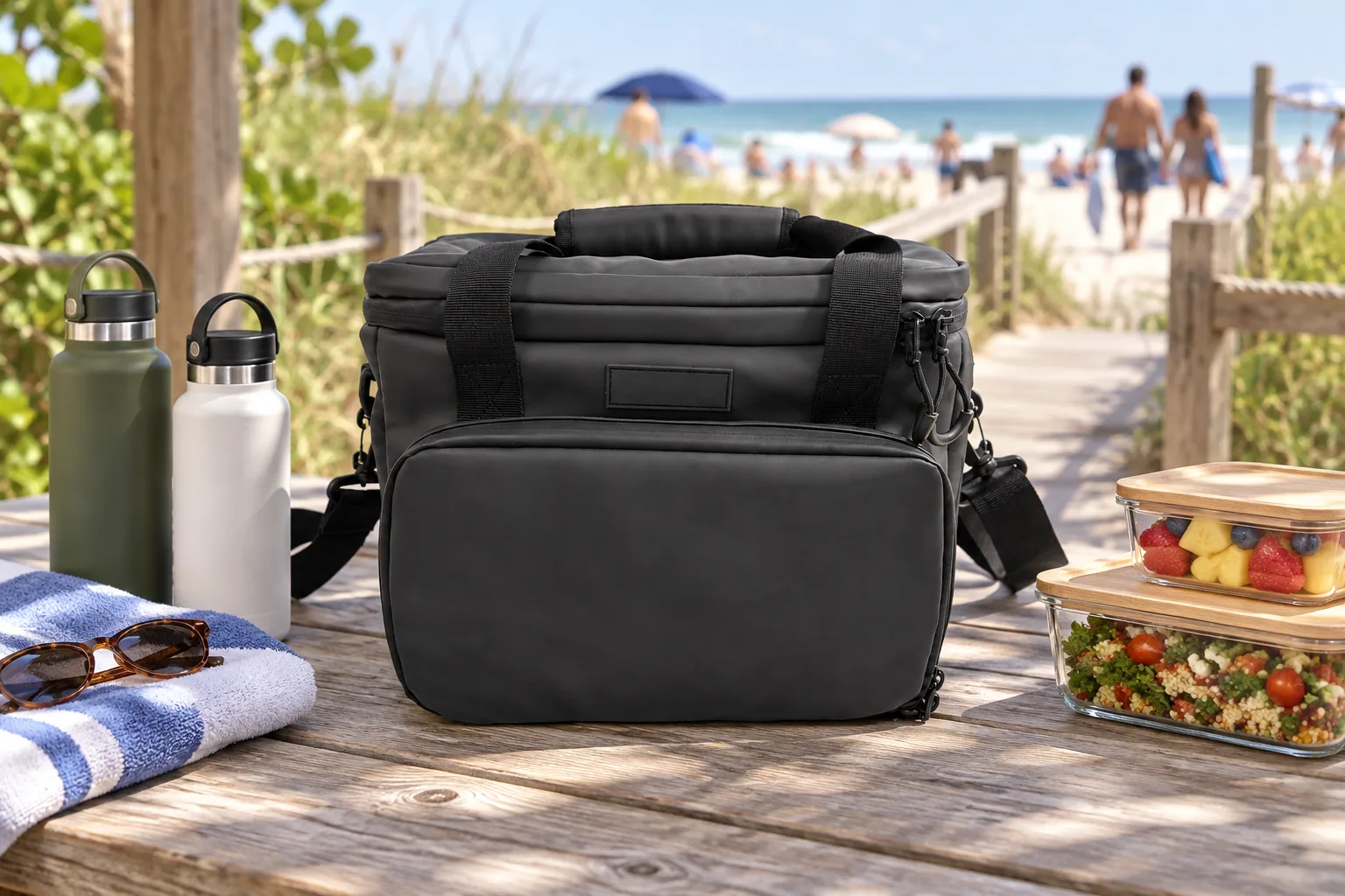 AI illustration based on the real soft cooler sample: bag with front pocket beside sealed food containers near a U.S. beach
