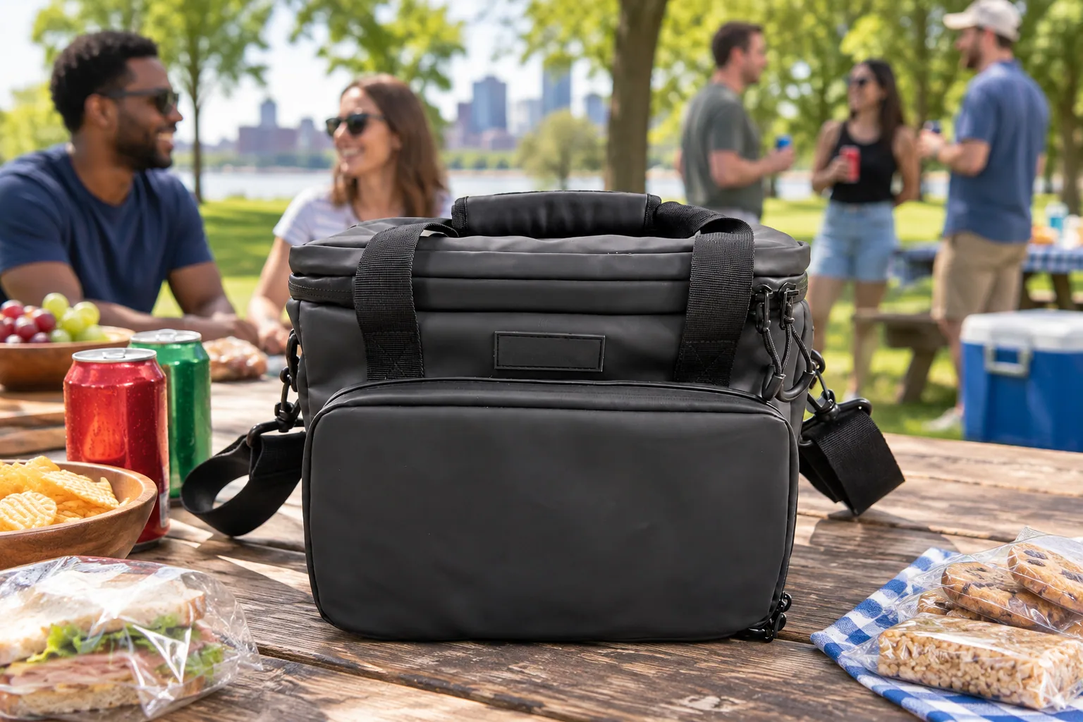 AI illustration based on the real soft cooler sample: bag with front pocket at a U.S. park team event