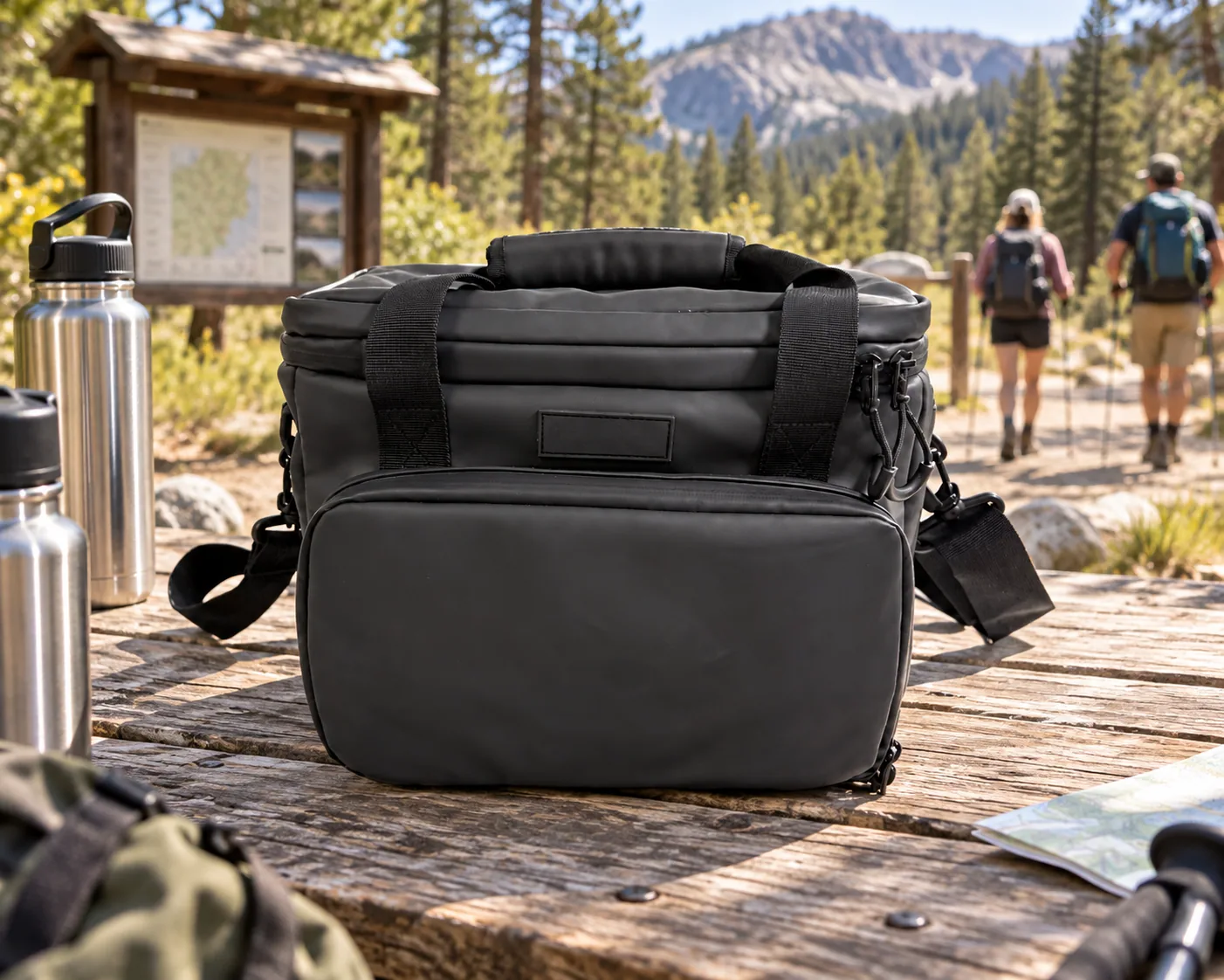 AI illustration based on the real soft cooler sample: bag with front zippered pocket at a U.S. trailhead table