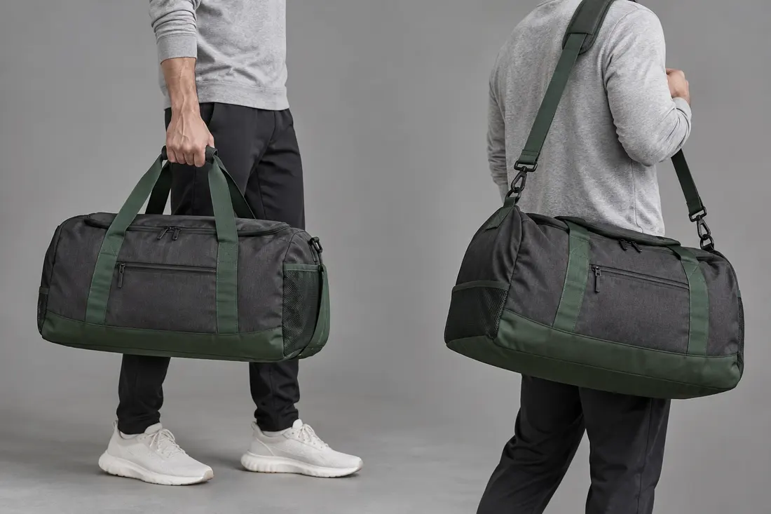Concept sports duffel shown in separate hand-carry and shoulder-carry use scenes