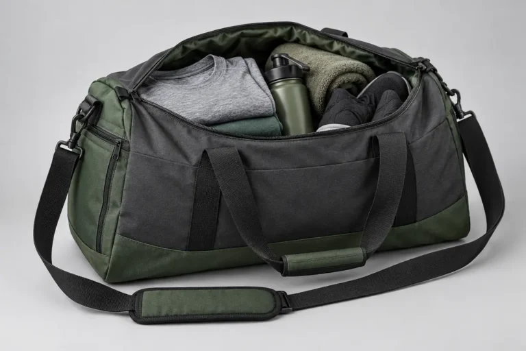 Concept sports duffel opened with folded training clothes, shoes and a bottle for a buyer packing review
