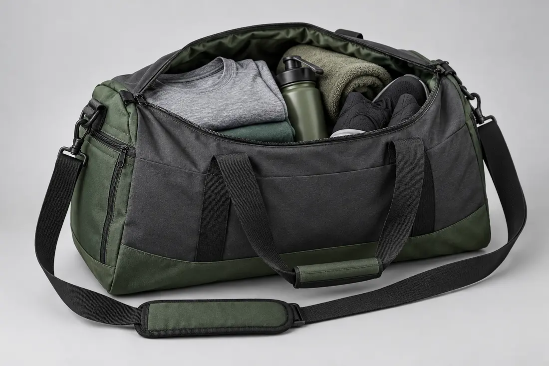 Concept sports duffel opened with folded training clothes, shoes and a bottle for a buyer packing review