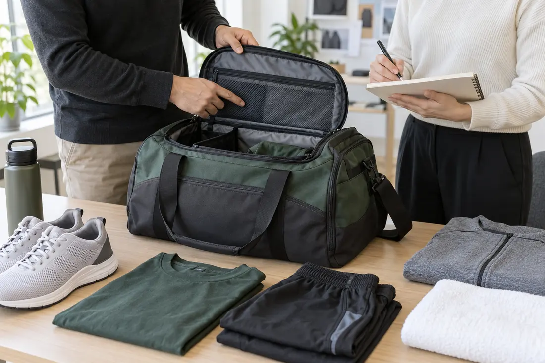 Hypothetical buyer review of an unbranded sports duffel with reference kit and handwritten notes