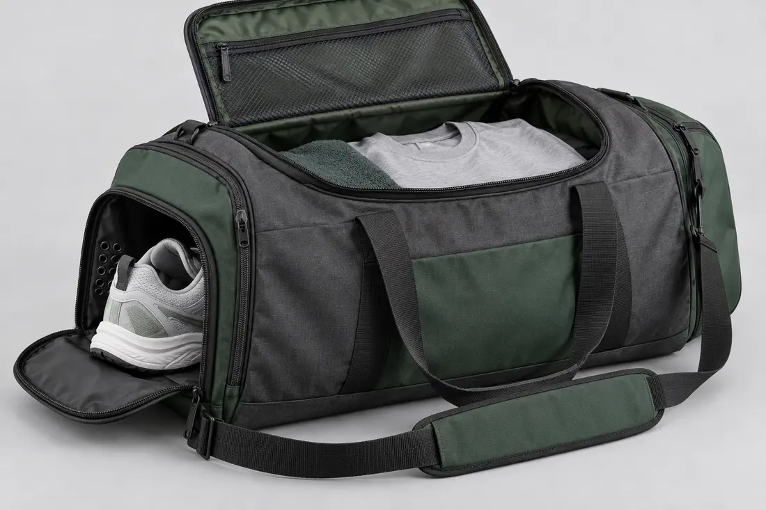 Concept duffel side shoe compartment shown open beside a packed main clothing cavity