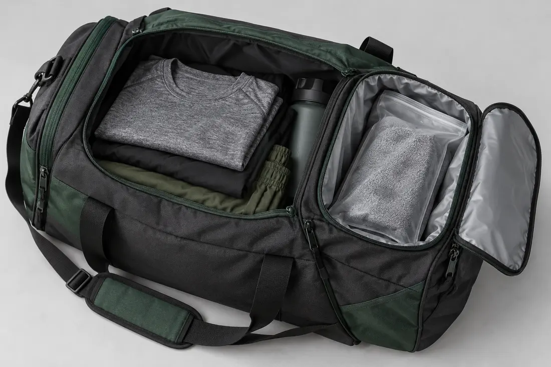 Concept sports duffel with a separate lined area holding a towel apart from folded dry clothing